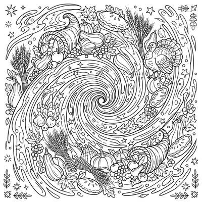 Explore a truly unique coloring page that merges the mysteries of a cosmic event horizon with the rich bounty of Thanksgiving. This intricate design invites you to celebrate gratitude and the beauty of harvest in a spectacularly swirling, artistic way.