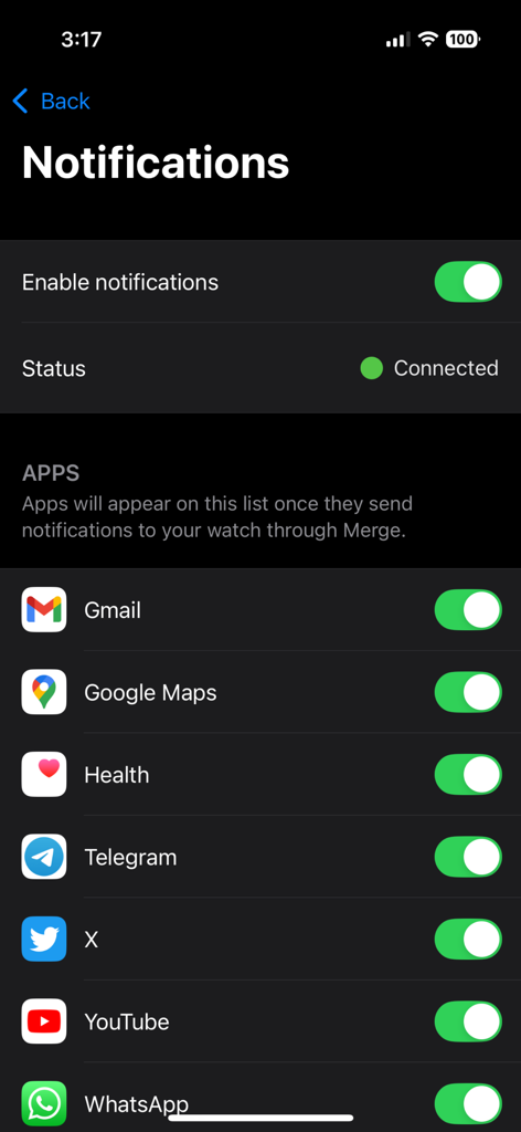 Merge: Connect Android Watches - AndroidウォッチアラートをiPhoneに同期するための通知設定画面。