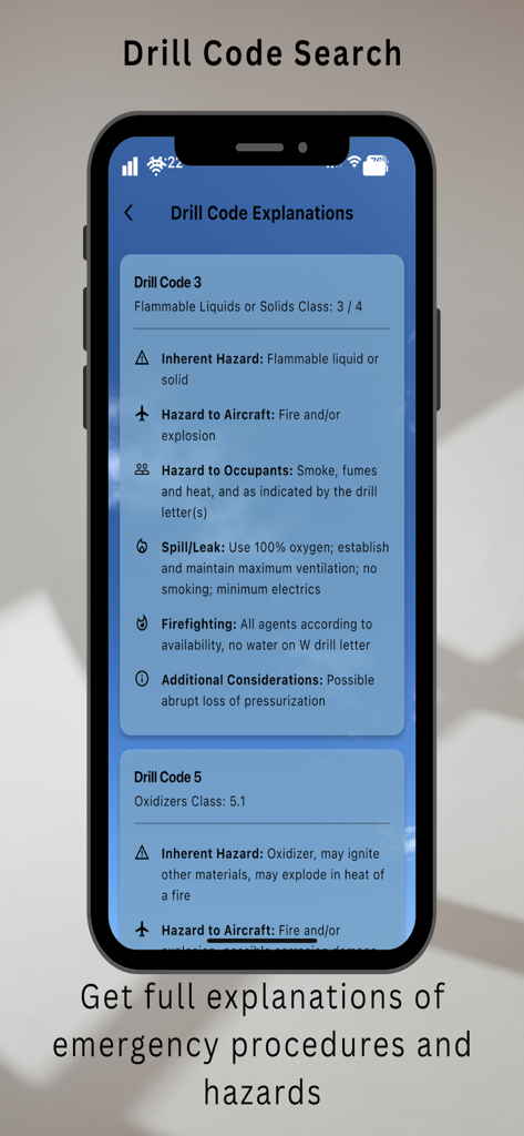 UN Decoder & Hazmat - Uma tela do aplicativo Decodificador e Hazmat UN mostrando explicações detalhadas do código de perfuração para procedimentos de emergência e perigos da aviação.
