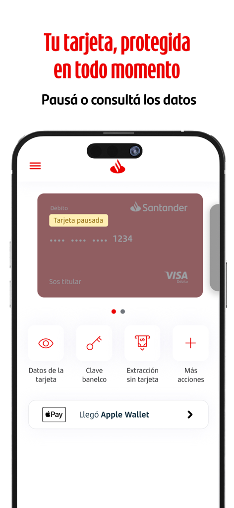 Interface de l'application de banque mobile Santander Argentine montrant les fonctionnalités de sécurité des cartes et une carte de débit Visa en pause.