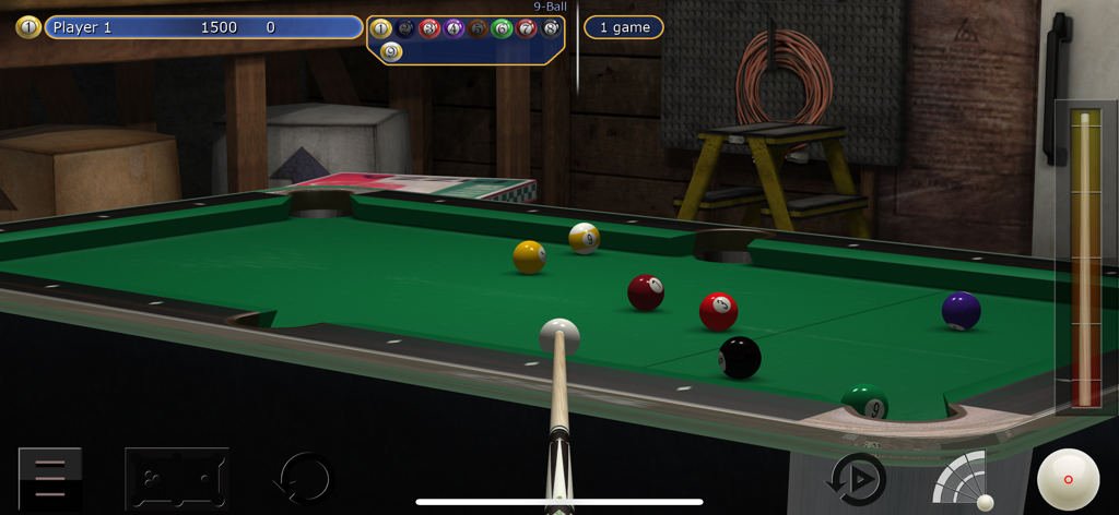 Virtual Pool - 차고 설정에서 9볼 게임플레이를 보여주는 버추얼 풀 모바일 앱의 현실적인 3D 당구 경기