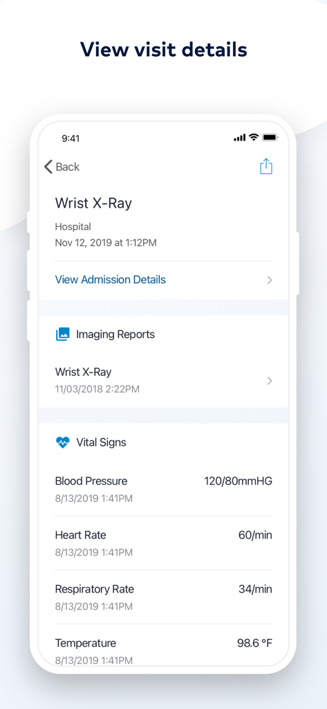 MyHealthONE - Tela do aplicativo móvel MyHealthONE exibindo detalhes da visita, incluindo laudos de exames de imagem e sinais vitais como pressão arterial e frequência cardíaca