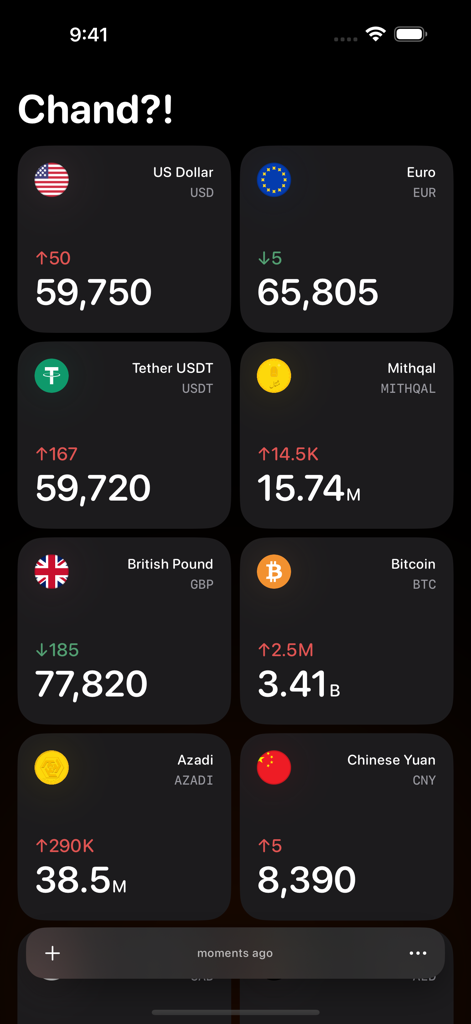 Chand app dashboard showing real-time rates for fiat currencies cryptocurrencies and gold assets