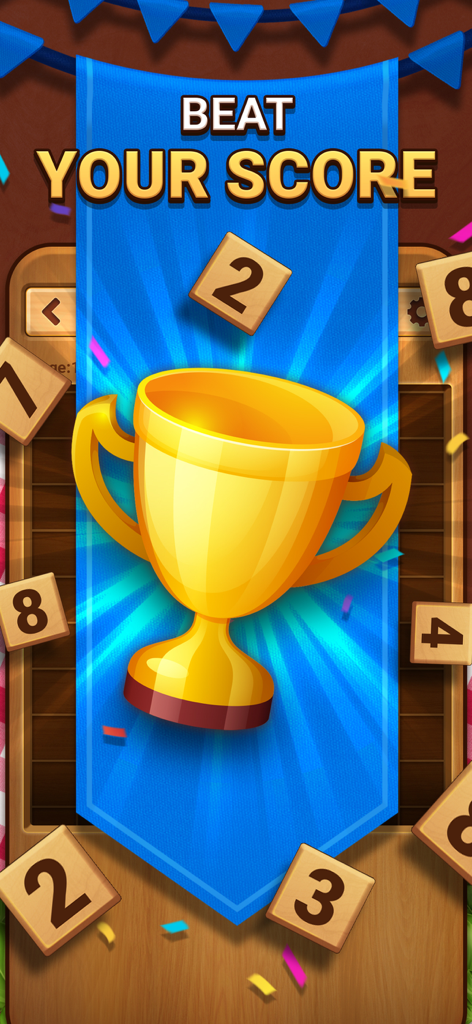 Woodber - Classic Number Game - Un trofeo d'oro su uno stendardo blu con il testo supera il tuo punteggio e tessere numeriche di legno