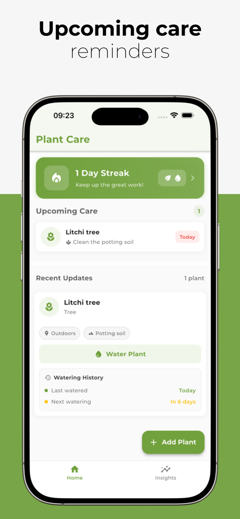 Plant-Care - Plant-Care mobile App-Dashboard zeigt anstehende Pflegeerinnerungen und den Bewässerungsverlauf für einen Litschi-Baum
