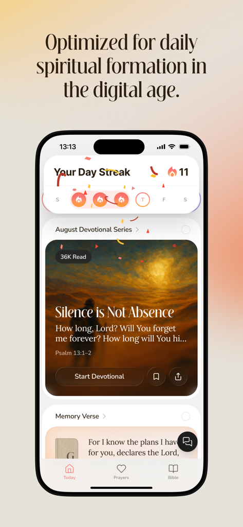 Aura app home screen showing a daily prayer streak counter and a devotional card titled Silence is Not Absence