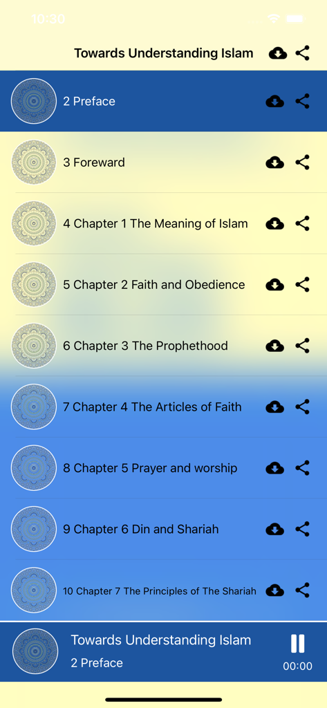 Understanding Islam - Maududi - Table of contents and audio player interface for the Understanding Islam Maududi mobile app