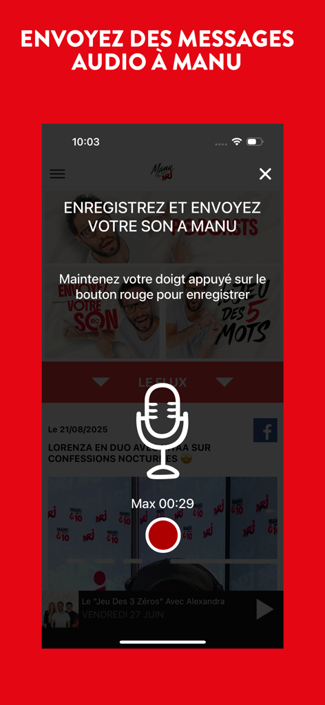 Manu sur NRJ - Interface de l'application Manu sur NRJ montrant l'écran d'enregistrement de messages vocaux avec une grande icône de microphone et un bouton d'enregistrement rouge.