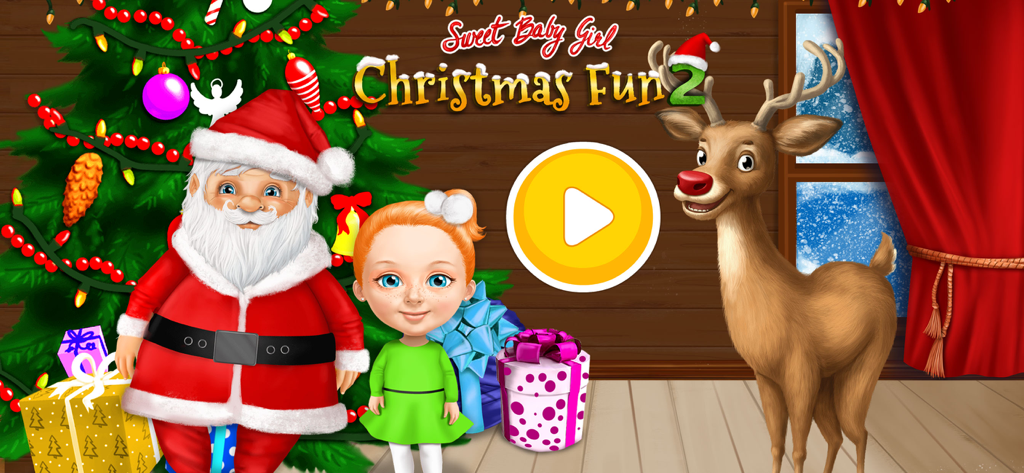 Sweet Olivia - Christmas 2 - Sweet Olivia Christmas 2 title screen with Santa Claus, a young girl, and a reindeer by a Christmas tree.