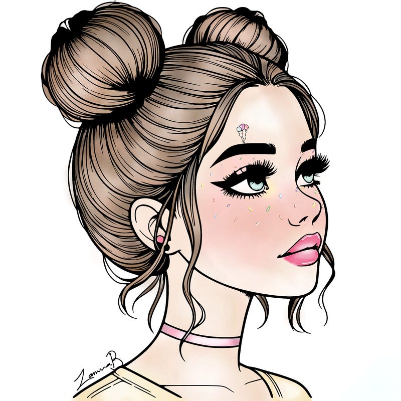 realistic girl with buns on the top of her head