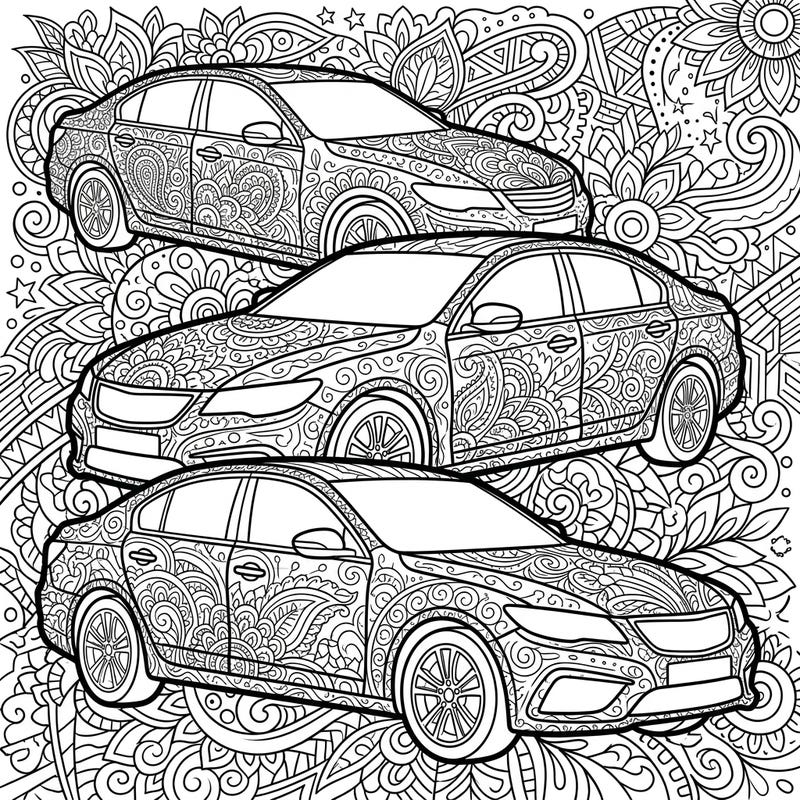 Ignite your artistic engine with this captivating coloring page featuring sleek sedans adorned with mesmerizing Zentangle patterns. Perfect for teens seeking a detailed and rewarding coloring experience.