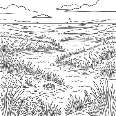 Dive into a fascinating coastal ecosystem with this detailed salt marsh coloring page, perfectly designed for young explorers. Featuring friendly marsh animals and lush vegetation, it offers a fun and educational creative experience.