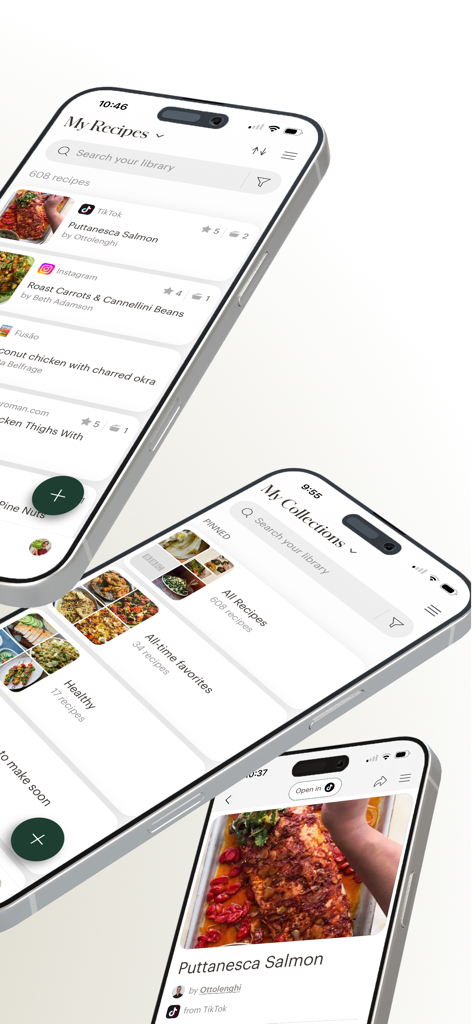 Deglaze: Cooking, Simplified - Deglaze app showing recipe library and collections on mobile screens