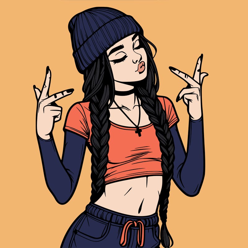 realistic teenage girl with braids and a beanie and crop top doing 🫶🏼