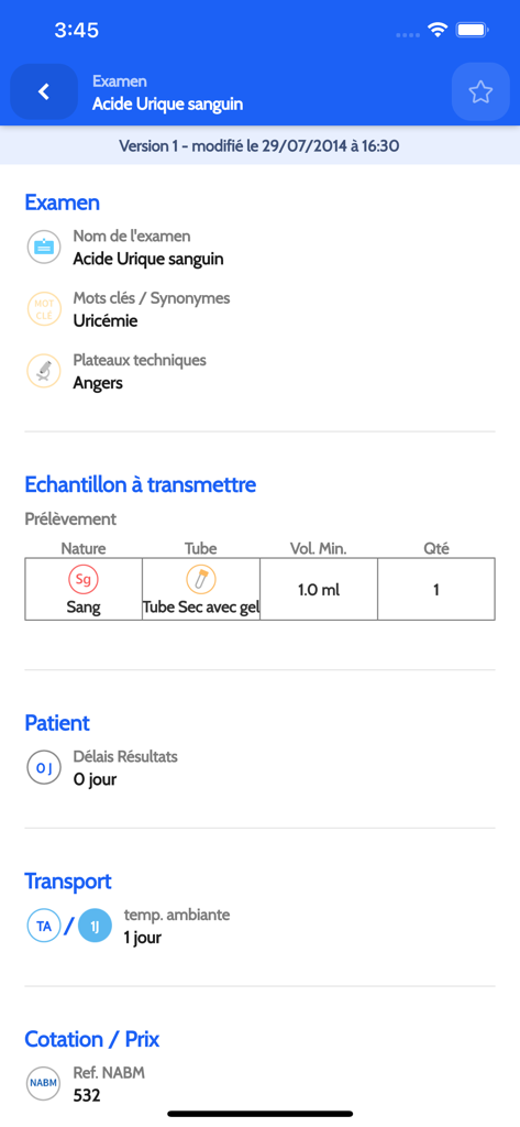 Exigences détaillées d'un test médical pour l'acide urique sanguin dans l'application Catalogue Cerba.
