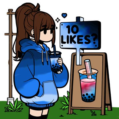 girl with oversized hoodie drinking boba and she has a high ponytail with a sign that says 10likes?