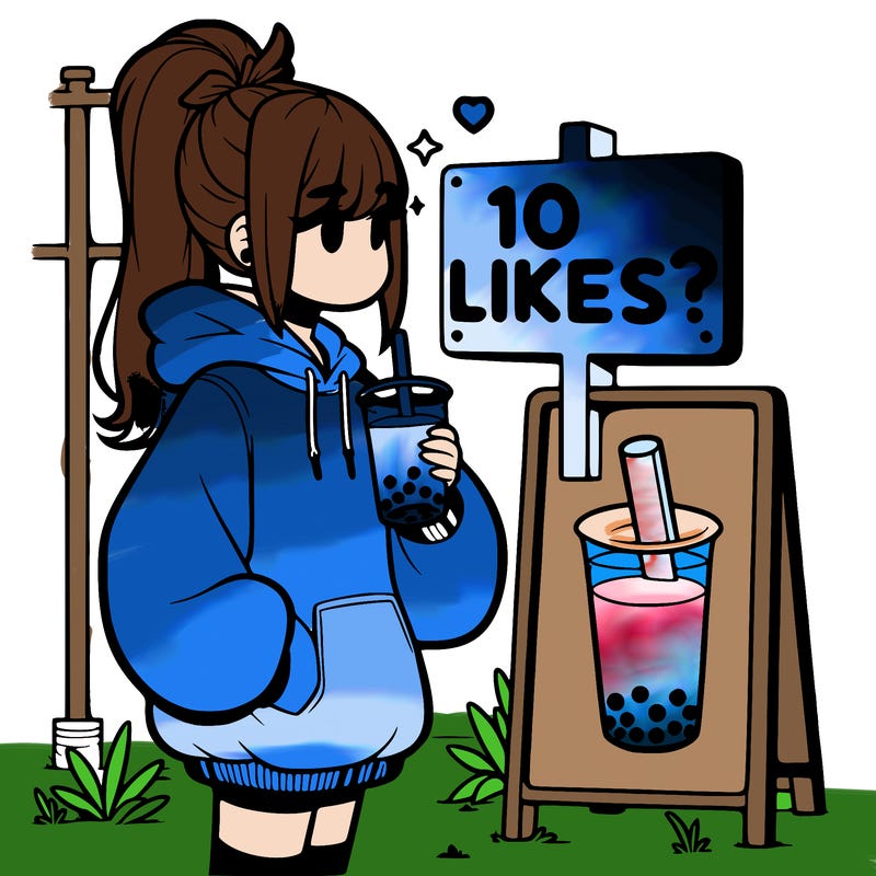 girl with oversized hoodie drinking boba and she has a high ponytail with a sign that says 10likes?