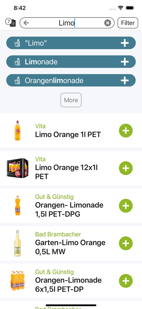 EASY Shopper - Search results screen in the EASY Shopper app showing various orange lemonade products with add buttons