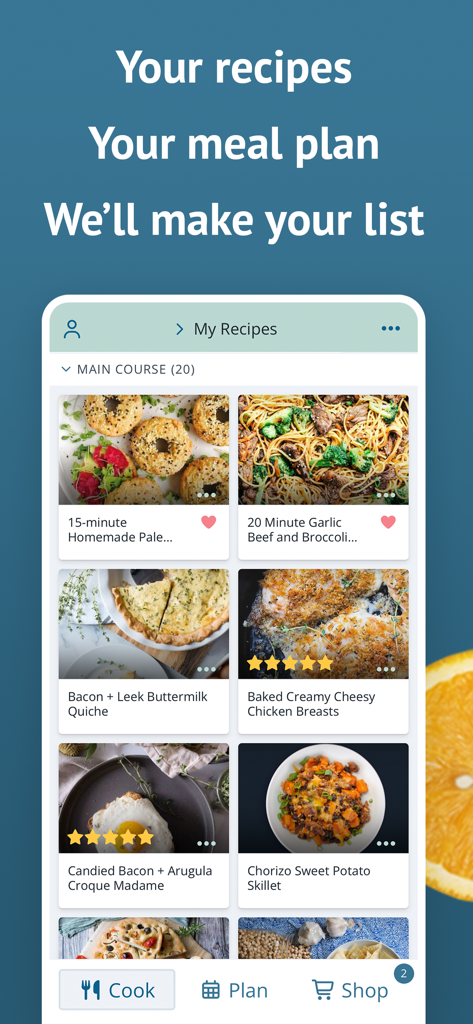 Plan to Eat app interface showing a personalized collection of recipes including main courses and meal planning options