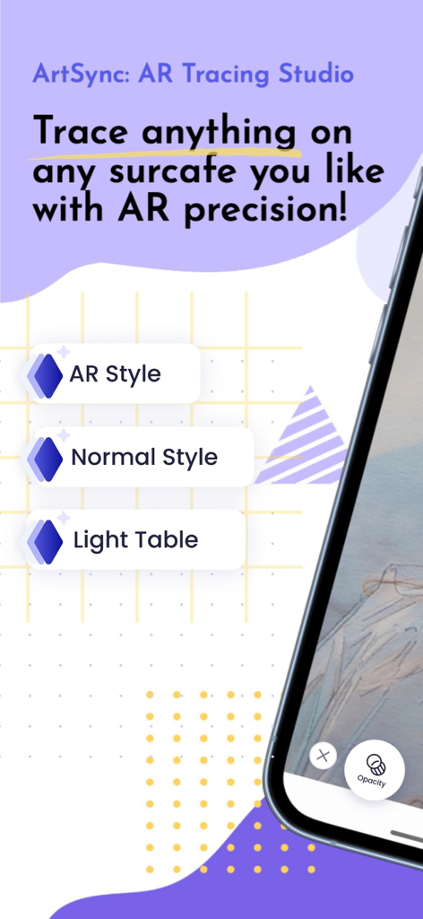 AR Tracing Projector: ArtSync - ArtSync app interface showing AR Style Normal Style and Light Table tracing options