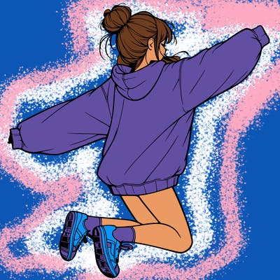 realistic girl jumping with a bun and oversized sweatshirt