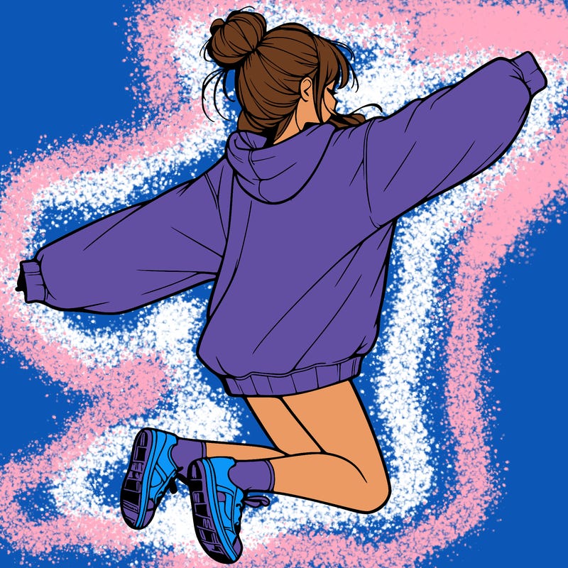 realistic girl jumping with a bun and oversized sweatshirt