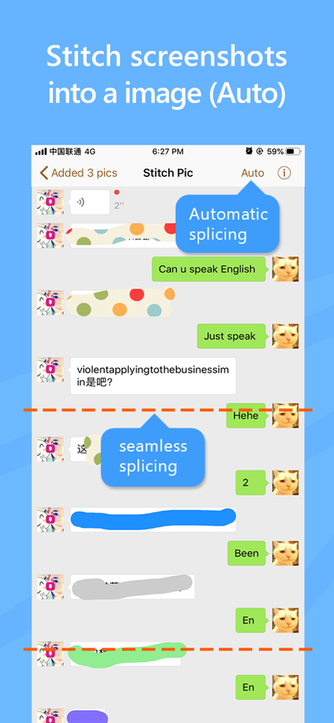 Oberfläche der StitchPics-App, die das automatische und nahtlose Zusammenfügen einer langen Chat-Unterhaltung zu einem Bild zeigt.