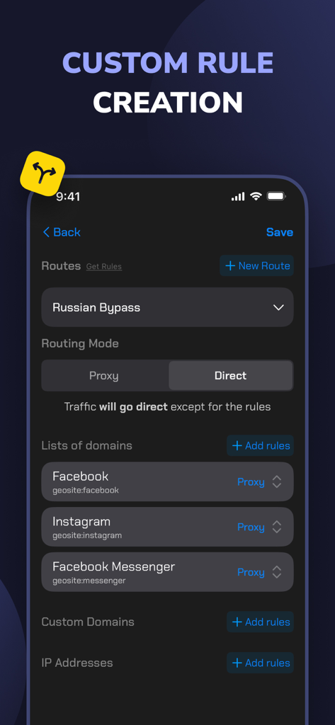 V2App: VPN Blockchain + VLESS - Interfaz de V2App que muestra la creación de reglas personalizadas para modos de tráfico proxy y directo