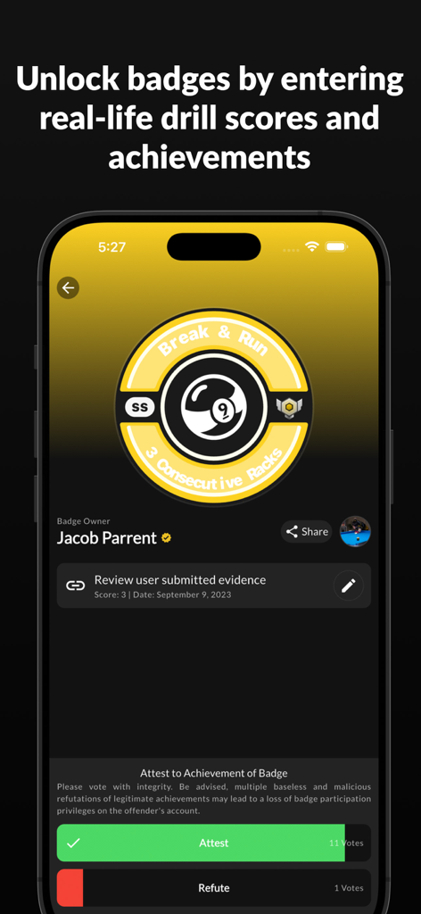 A mobile screen showing a pool achievement badge for three consecutive break and runs with community verification options