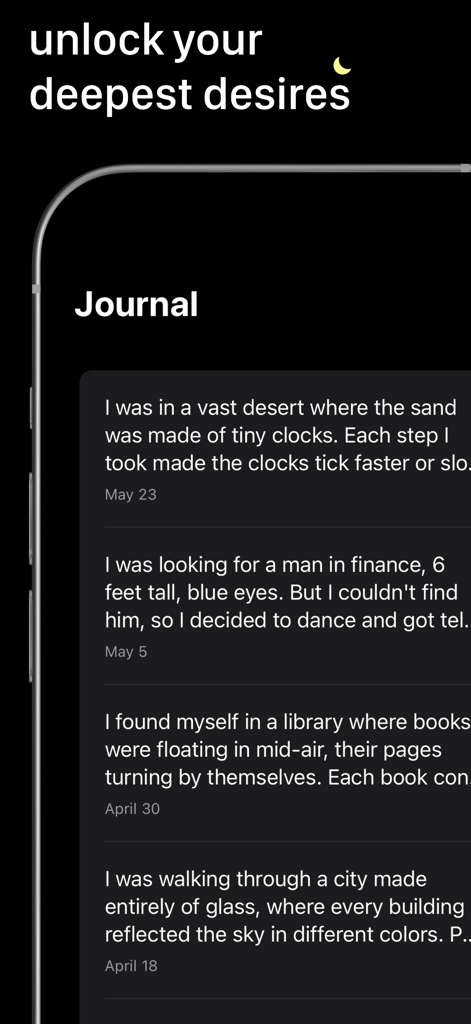 꿈 해석 AI 앱의 일기 섹션에 있는 개인 꿈 항목 목록