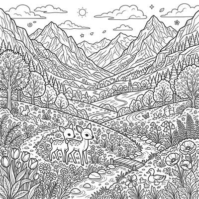 Discover the enchanting beauty of a mountain valley in full spring bloom. This detailed coloring page invites you to bring to life a serene landscape featuring adorable fawns, vibrant flowers, and towering peaks.