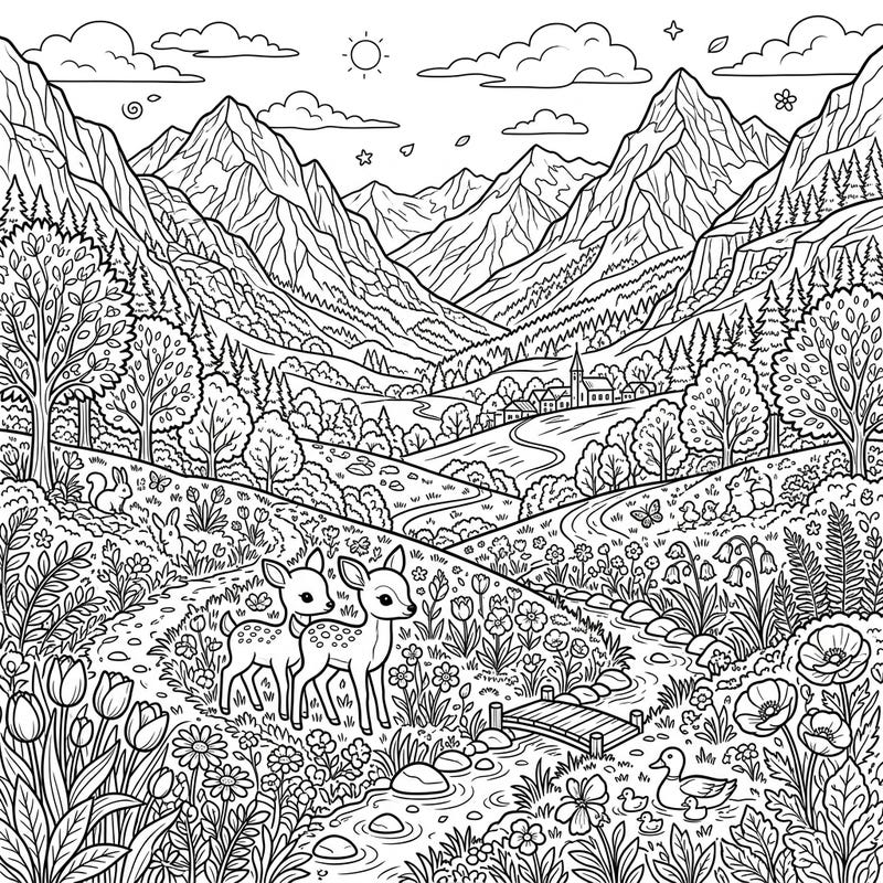 Discover the enchanting beauty of a mountain valley in full spring bloom. This detailed coloring page invites you to bring to life a serene landscape featuring adorable fawns, vibrant flowers, and towering peaks.