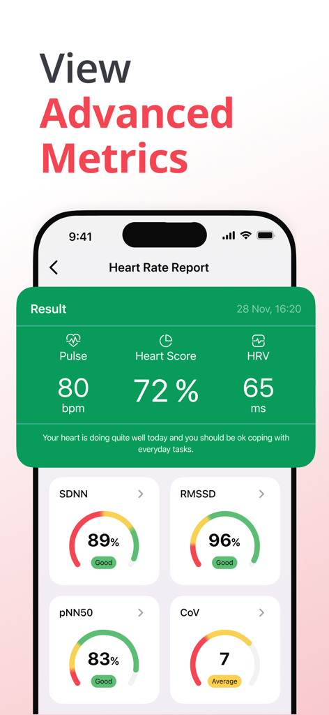 PulseNow: Heart Rate Monitor - PulseNow app screen showing heart rate report and advanced HRV metrics like SDNN and RMSSD