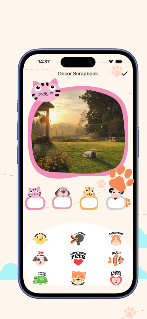 Amar-Capture Pet Beautiful - Pet scrapbook interface with cute animal stickers and themed photo frames.