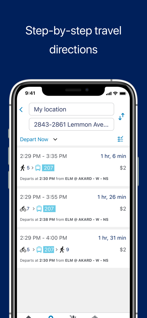 GoPass - Capture d'écran de l'application mobile GoPass montrant les directions de voyage étape par étape avec différentes options d'itinéraires et prix de transport