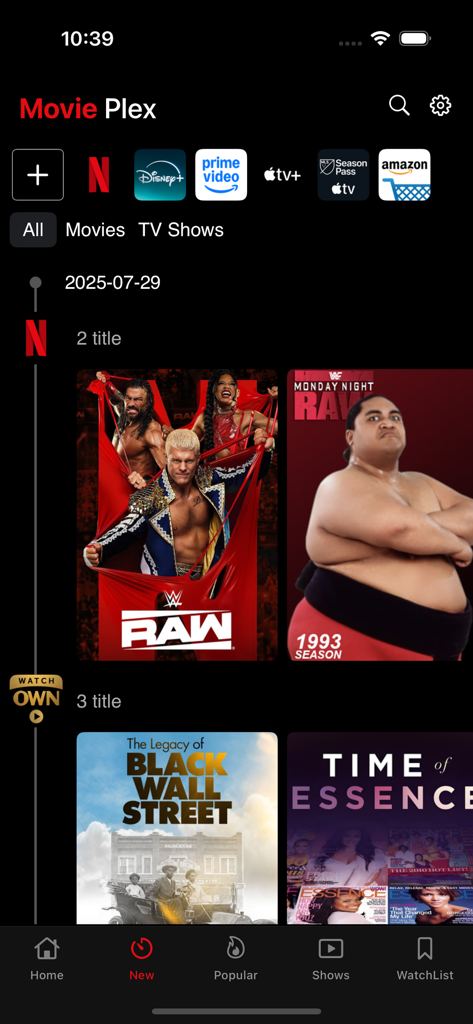 Movie Plex app interface showing new movies and TV shows from multiple streaming services like Netflix and Disney Plus