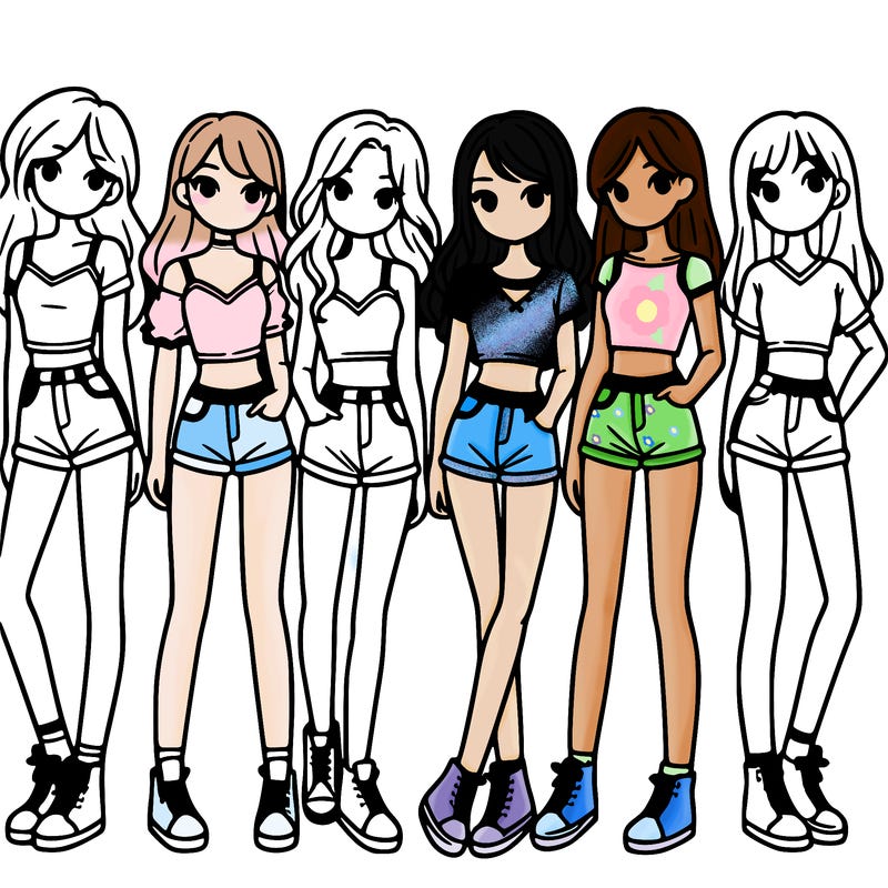 a group of girls wearing crop tops and shorts