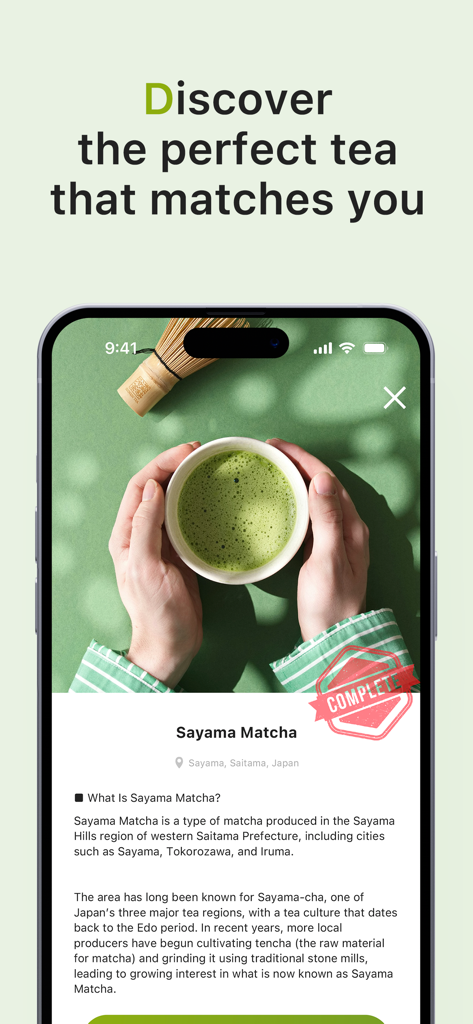 SENCHA -  Japanese Tea - Sencha app screenshot showing information about Sayama Matcha with a completion stamp