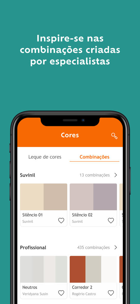 Suvinil Teste Sua Cor - A smartphone screen from the Suvinil app displaying various professionally curated paint color combinations and palettes