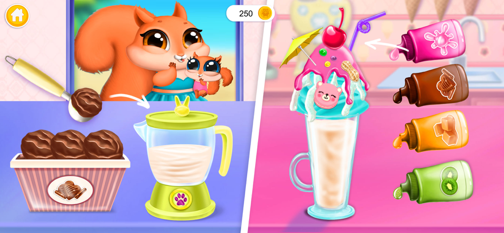 Swirly Icy Pops - Una ardilla y su bebé esperando un batido de chocolate que se está preparando con una licuadora y coberturas coloridas.