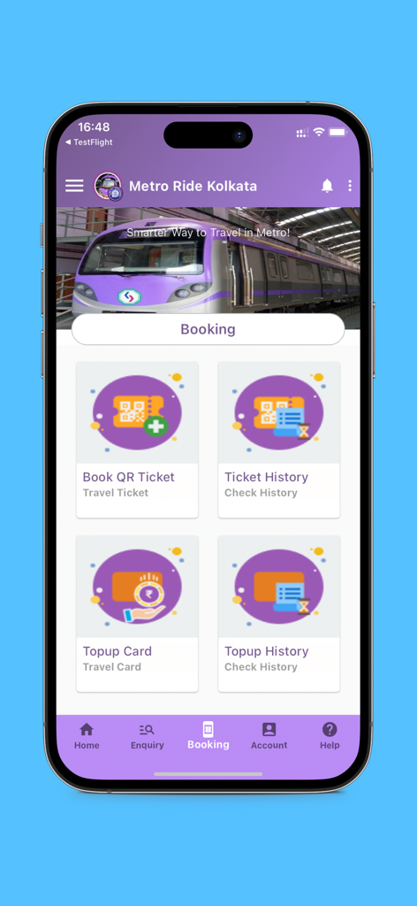 Aamar Kolkata Metro - Booking interface of the Aamar Kolkata Metro app showing QR ticket and smart card top up options