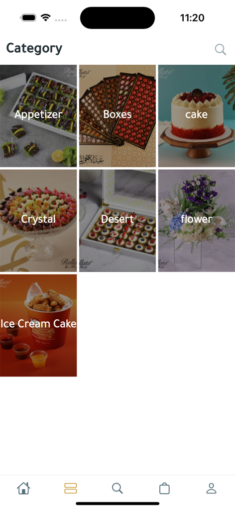 Rellato app menu showing categories like cake ice cream and gift boxes