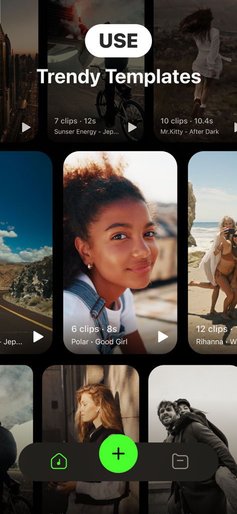 Interfaccia dell'app che mostra una selezione di modelli video di tendenza per Reel su Instagram