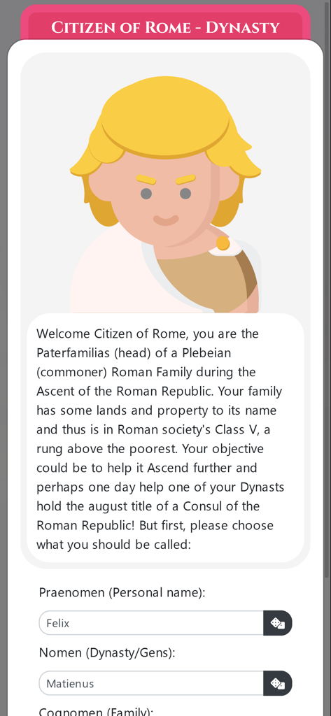 Initial character setup screen for Citizen of Rome game showing a Roman avatar and name selection fields