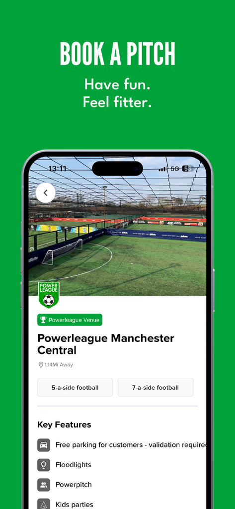 Powerleague - Home of 5-a-side - Powerleague app screen showing venue details for Manchester Central including 5-a-side and 7-a-side football pitch booking options and key features