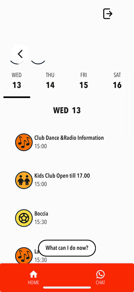 Ecrã de itinerário de atividades diárias na aplicação Orient Resorts and Nile Cruises a mostrar eventos e horários agendados