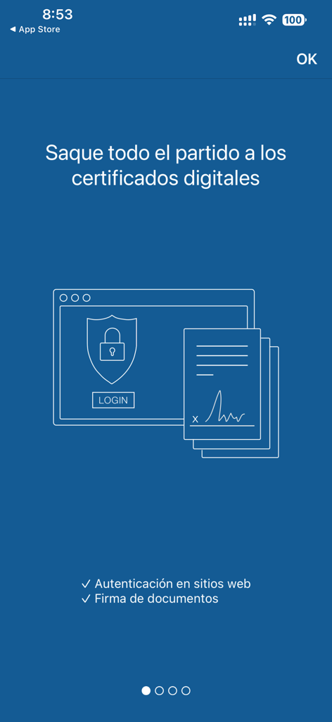 Pantalla introductoria de la aplicación Viafirma destacando las funciones de certificado digital para la autenticación de sitios web y la firma de documentos