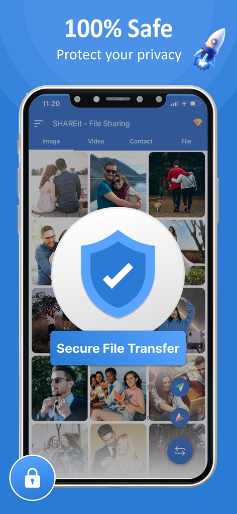 ShareKaro: File Share & Manage - ShareKaro app interface highlighting 100 percent safe and secure file transfer with a shield icon
