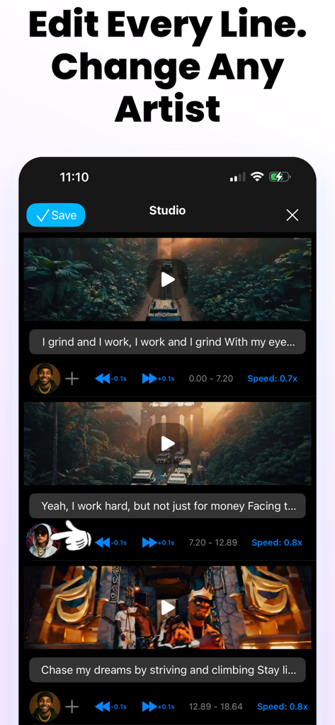 Rap AI - Make Music Videos - Rap AI studio interface for editing music video lyrics and changing artists