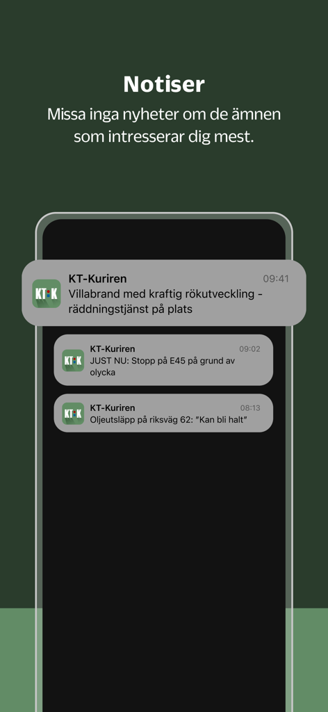 KT-Kuriren - Smartphone display showing KT-Kuriren push notifications for local emergency news and traffic updates in Sweden